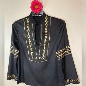 Abyoxi~Boho Black Tunic Top~Gold Details~Bell Sleeves~Mock Open Neckline ~Size M